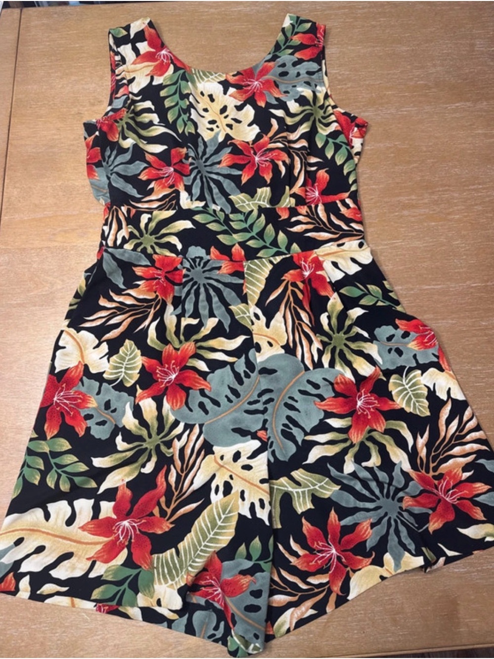 Vintage Kathie Lee Black Tropical Floral Romper with Red & Cream Accents
